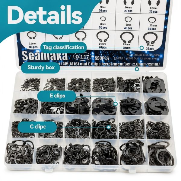 850Pcs E-Clips Assortment Set(2.0mm-12mm) and C Clips Assortment (M5-M16),Snap Rings Assortment Kit,24 Sizes Black Carbon Steel Circlip Retaining Clip,External Retaining Rings O-117-4