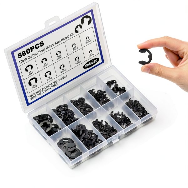 580PCS Black Carbon Steel E-Clip Kit,10 Sizes External Retaining Rings(M1.5-M10) for Bearings, Gears, Pulleys and Other Moving Parts-2