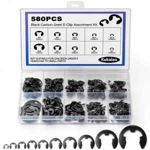 580PCS Black Carbon Steel E-Clip Kit,10 Sizes External Retaining Rings(M1.5-M10) for Bearings, Gears, Pulleys and Other Moving Parts-0