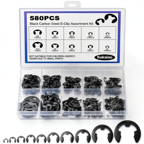 580PCS Black Carbon Steel E-Clip Kit,10 Sizes External Retaining Rings(M1.5-M10) for Bearings, Gears, Pulleys and Other Moving Parts-0