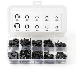 580PCS Black Alloy Steel E-Clip Assortment Kit, E-Clip Assortment Set Include 10 Sizes, Retaining Rings for Bearings, Gears, Pulleys, Axles (M1.5-M10)-0