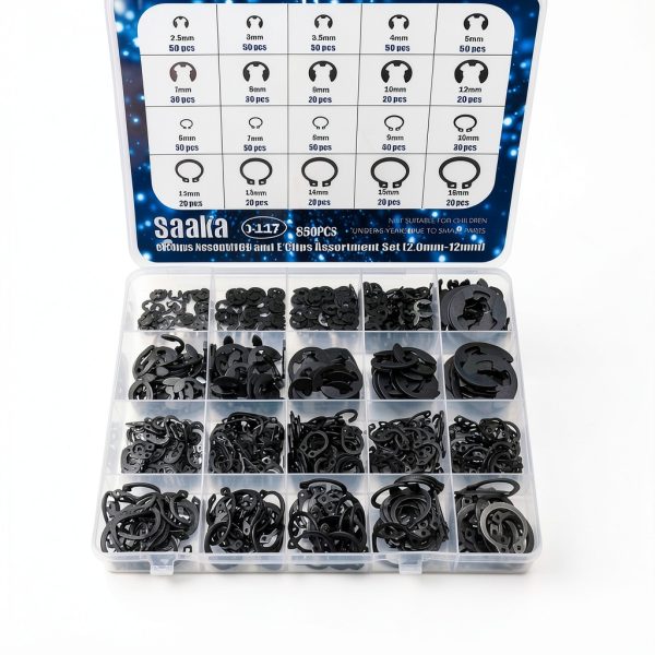 850Pcs E-Clips Assortment Set(2.0mm-12mm) and C Clips Assortment (M5-M16),Snap Rings Assortment Kit,24 Sizes Black Carbon Steel Circlip Retaining Clip,External Retaining Rings O-117-0